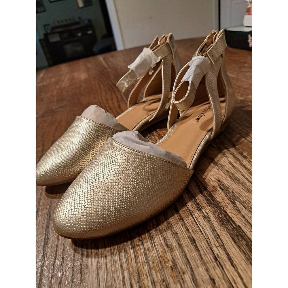 New Comfortview Paris Gold Flat Dress Shoes 8.5M Ankle Strap Metallic
